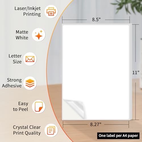 Printable Sticker Paper 8.5 x 11 Full Sheet Labels, 500 Sheets Matte Self Adhesive Sticker Paper for Inkjet & Laser Printer, Full Page Printable Label Paper for Shipping, Address, Product & FBA Labels - size: 500 Labels