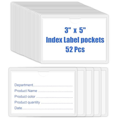52 Pcs Clear Index Card Holder Self-Adhesive 3"X5" Top Open Label Holder - size: 3*5