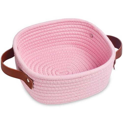 ABenkle Small Storage Basket, Mini Baskets, Cute Rope Woven Baskets for Organizing, Square Shelf Storage with Handle, Boho Decorative Toy Bin for Nursery, Spa, Empty Gift Basket - XS, Pink - color: Pink