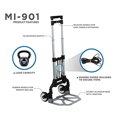 Mount-It! Folding Hand Truck and Personal Dolly, Foldable Aluminum Trolley Cart, 165 Lb Capacity Heavy Duty Dolly with Wheels of Rubber for Moving, Comfortable Telescoping Handle for Indoor Outdoor - size: 165 Lb Capacity