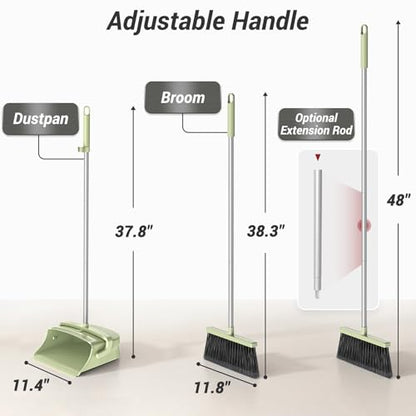 Broom with Dustpan Set for Pet Hair & Dust Cleanup, Green - color: Green