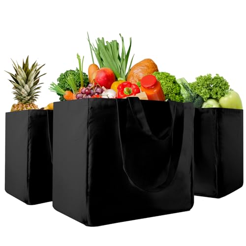 musbus 3-Pack Large Canvas Bag, Reusable Grocery Bags with inner pockets - color: Black