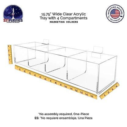 Marketing Holders 2 Pack Slatwall Acrylic Retail Tray Four Compartment Dump Bin Clear Product Merchandise Storage Caddy for Businesses POP Display - size: 15.75" Wide 4 Pocket