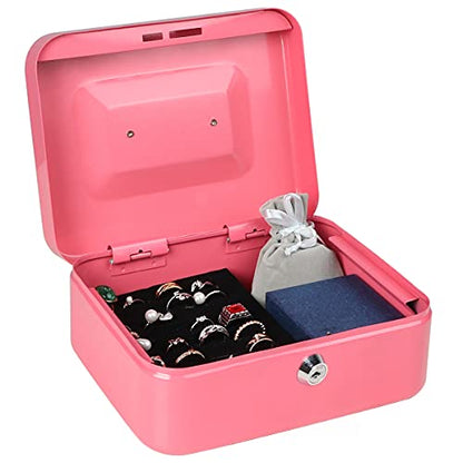 Cash Box with Money Tray, Parrency Large Money Box with Key Lock，Medium，7 4/5" x 6 4/5" x 3 3/5"，Pink - color: Pink, size: Medium（7.87")