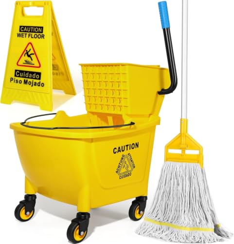 35Qt Commercial Mop Bucket with Side Press Wringer on Wheels Yellow