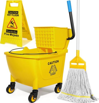 35Qt Commercial Mop Bucket with Side Press Wringer on Wheels Yellow