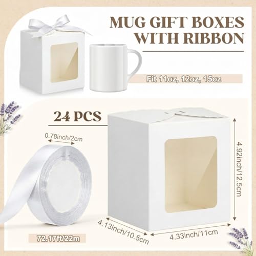 Kolldenn 24 Pcs Mug Gifts Boxes with Ribbon, 11oz, 12oz, 15oz, White - color: White