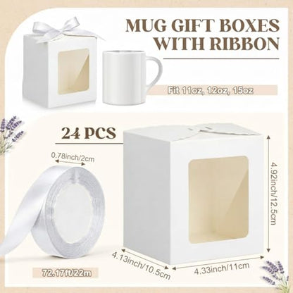 Kolldenn 24 Pcs Mug Gifts Boxes with Ribbon, 11oz, 12oz, 15oz, White - color: White
