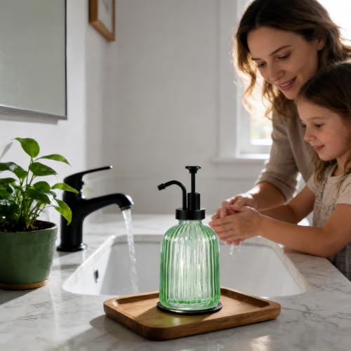 SheeChung 12oz Green Glass Liquid Soap Dispenser, Black Pump,Striped,2 Pack - color: Green, Black Pump, 2pcs