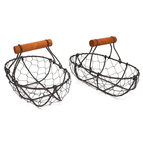 CVHOMEDECO. Chicken Wire Egg Baskets Rust Gathering Baskets with Wooden Handle Country Vintage Style Storage Baskets. Set of 2 (Oval) - size: Oval