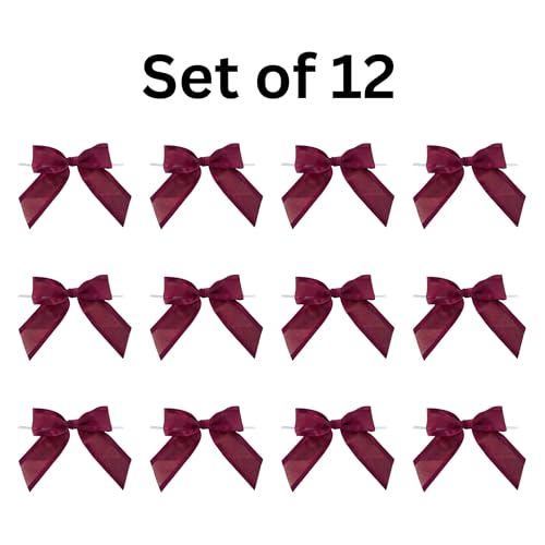 Pre-Tied Burgundy Organza Bows - 4 1/2" Wide, Set of 12, Fall - color: Burgundy Organza