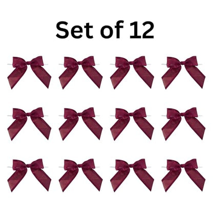 Pre-Tied Burgundy Organza Bows - 4 1/2" Wide, Set of 12, Fall - color: Burgundy Organza
