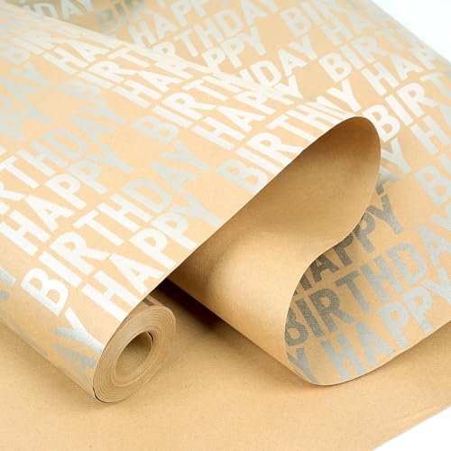 MAMUNU Birthday Wrapping Paper Roll, Silver and Brown Kraft Happy Birthday Wrapping Paper Jumbo Roll for Boys Girls Women Men, 17x590 inch (70 sq. ft.) - color: Silver