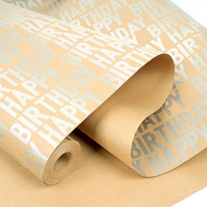 MAMUNU Birthday Wrapping Paper Roll, Silver and Brown Kraft Happy Birthday Wrapping Paper Jumbo Roll for Boys Girls Women Men, 17x590 inch (70 sq. ft.) - color: Silver