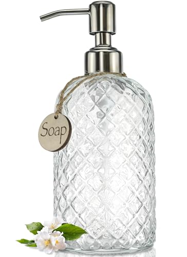 JASAI 18Oz Gem Patterned Clear Glass Soap Dispenser with Rust Proof Pump - color: Clear
