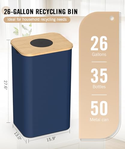 Magicheap 26 Gallon (100L) Recycling Bins for Kitchen with Bamboo lid, Blue - color: Blue