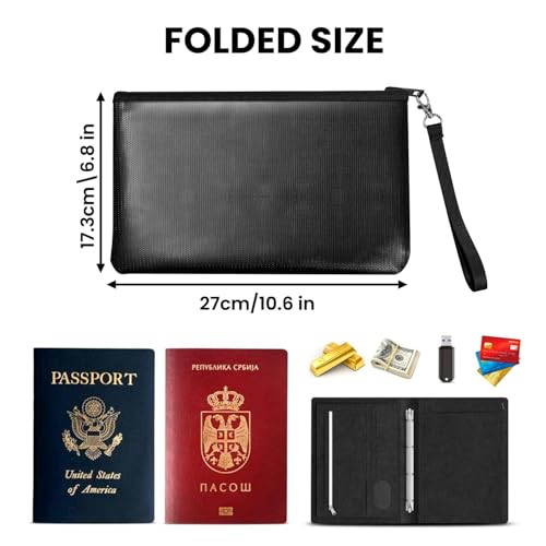 Quctak 6400°F Fireproof Money Bag 2pcs, Fireproof Document Bags, Bank Cash Bag with Zipper & Strap, Suitable for A5 Documents, Bank Inventory, Passport (Black)