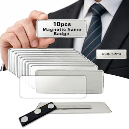CiLoN 10 Pack DIY Reusable Magnetic Name Badge Holder + Clear Acrylic Cover - color: Silver, size: 1" x 3"