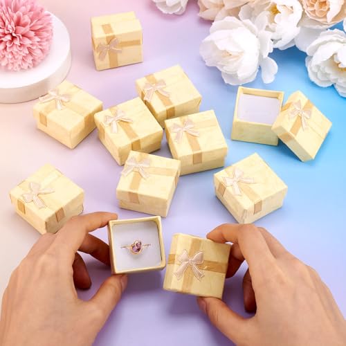 Craftdady 12 Pack Ring Boxes for Jewelry Present 1.59 x 1.59x 1.02 Inch Square Hard Cardboard Jewelry Boxes with Lids Small Present Boxes with Bow for Earring Bracelet Brooch Packaging (Light Yellow) - color: Light Yellow