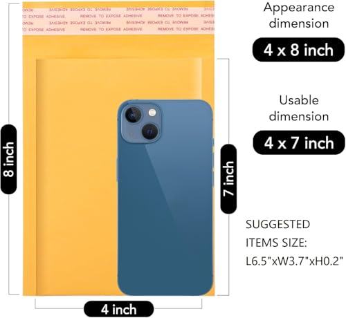 Fuxury Kraft Bubble Mailers 4x8" 50 Pack Padded Envelopes Usable Size 4x7 - color: Yellow, size: 4x8" 50PC