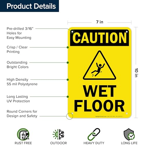 Caution Wet Floor Sign, 10x7 Inches, 55 mil thick HDPS (high density polystyrene), Made in USA by My Sign Center - size: 7x10 Polystyrene