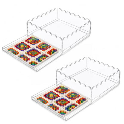 2 Pack Scalloped Acrylic Tray with Insert, 6 x 6 x 2.5 Inch Acrylic Trays for Needlepoint, Acrylic Trays for Embroidery Display, Clear Decorative Tray with Drawer for Photos, Art, Fabric, Messages