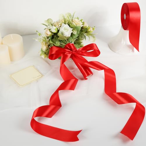 Red Ribbon 1-1/2 Inch 50 Yards, Solid Satin Ribbon for Flower Bouquet, Crafts, Gift Wrapping, Bridal Invitations, Hair, Christmas, Halloween, Valentine - color: Red