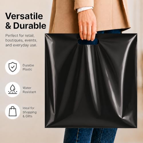 Purple Q Crafts 50 Pack Black Plastic Merchandise Bags with Die Cut Handles, 18" x 18" Retail Bags
