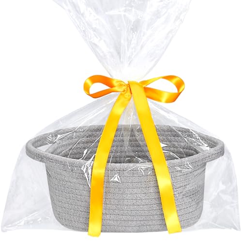 ABenkle Small Storage Basket, Mini Basket, Cute Tiny Cotton Rope Woven Basket, Boho Decorative Toy Dog Cat Basket for Nursery, Spa, Empty Gift Basket with Gift Bags and Ribbon - Grey - color: Grey with bag