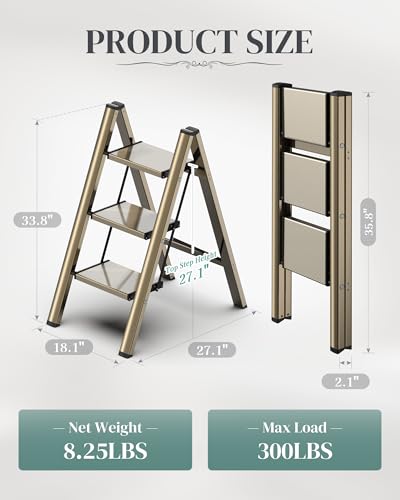 3 Step Ladder, Foldable Aluminum Step Stool with Anti-Slip Pedal - color: Champagne Gold, size: 3 Step