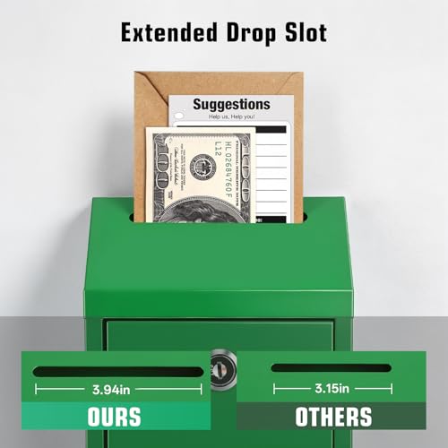 Sumerfnt Cash Box Wall Mount, Metal Money Drop Box with Lock and Slot, Money Collection for Farm Stand, Self-Serve, Tips, Fundraising, 10.24" x 5.7" x 2.95", 4 Keys, Green - color: Green