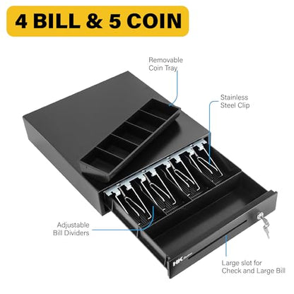 HK SYSTEMS 13inch Heavy Duty POS Cash Drawer with 4Bill/5Coin, Removable Coin Compartment, 24V, RJ11, Single Large Media Slot, Black - color: Black, size: 13inch