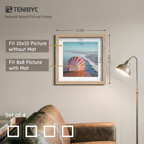 10x10 Picture Frame 4 Pack, 8x8 Mat, Natural Wood, Glass - color: Natural, size: 10 X 10