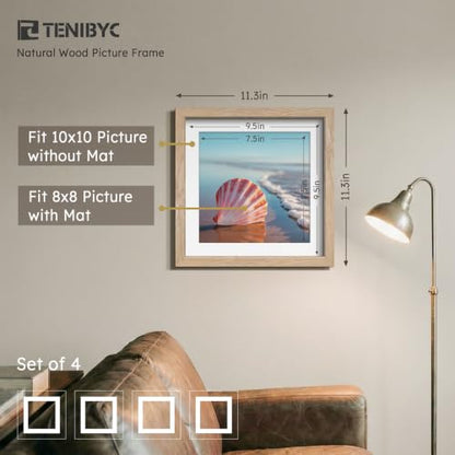 10x10 Picture Frame 4 Pack, 8x8 Mat, Natural Wood, Glass - color: Natural, size: 10 X 10