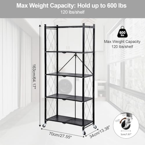5 Tier Folding Shelf with Wheels,Metal Steel Collapsible Shelves - color: Black, size: 5 Tier