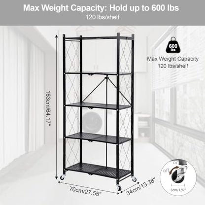 5 Tier Folding Shelf with Wheels,Metal Steel Collapsible Shelves - color: Black, size: 5 Tier
