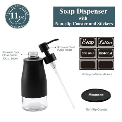 Gaussra Black Soap Dispenser with Coaster and Stickers - 11 OZ / 320 ML - color: Matte Black
