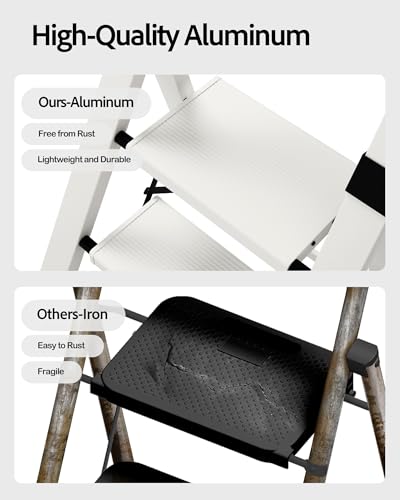 Taranta 3 Step Ladder,Lightweight Aluminum Step Stool Foldable -White - color: White, size: 3 Step