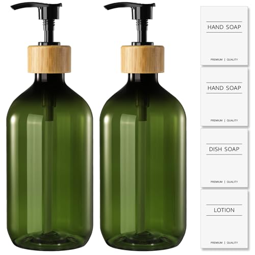 KASUNTING Green Soap Dispenser, Plastic Bathroom Soap and Lotion Dispenser Set with Bamboo Pump, 2 Pack 17 Fl Oz Hand and Dish Soap Dispensers Set for Bathroom, Refillable Liquid Soap Bottles - color: Olive Green, size: 2 Bottles
