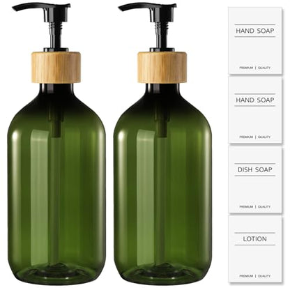 KASUNTING Green Soap Dispenser, Plastic Bathroom Soap and Lotion Dispenser Set with Bamboo Pump, 2 Pack 17 Fl Oz Hand and Dish Soap Dispensers Set for Bathroom, Refillable Liquid Soap Bottles - color: Olive Green, size: 2 Bottles