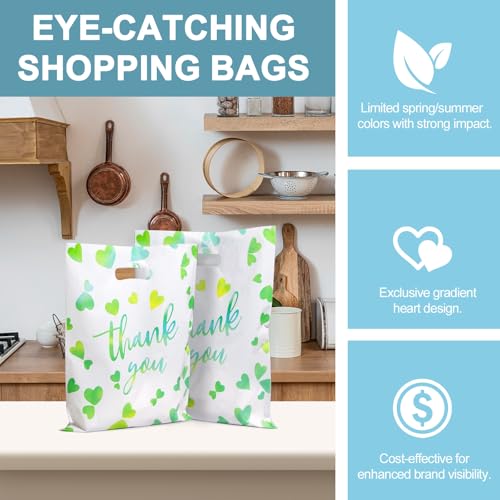 WAKAKO Bulk 50 Green Thank You Shopping Bags with Handles – Durable Plastic Retail Bags for Business Small, Boutique, Gifts, Merchandise (Medium 13.7"x9.8") – Fits Accessories & Jewelry - size: Medium