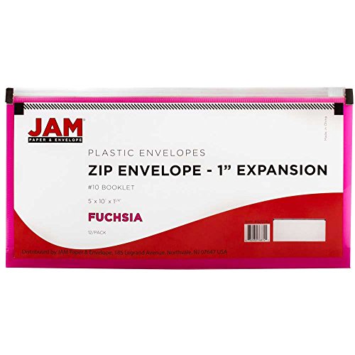 JAM PAPER Plastic Envelopes with Zip Closure - #10 Booklet Wallet - 5 x 10 - Fuchsia Pink - 12/Pack - color: Pink, size: #10 Business Size