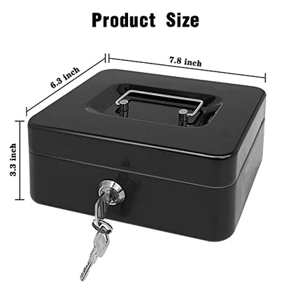 Steel Cash Box with Key Lock, Metal Small Money Organizer with Money Tray,Cash Storage Box with Lockable Cover (Black - 8 inch) - color: Black - 7.8" x 6.3" x 3.3"
