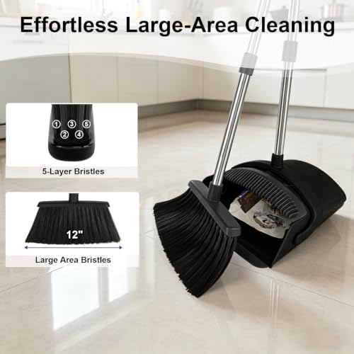 TNELTUEB Broom and Dustpan Set, 51" Long Handle Broom with Built-in Comb - color: Black, size: Standard