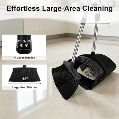 TNELTUEB Broom and Dustpan Set, 51" Long Handle Broom with Built-in Comb - color: Black, size: Standard