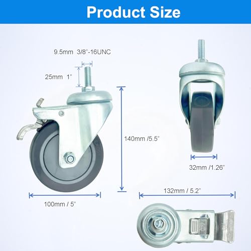 4 inch Swivel Caster Wheels Heavy Duty with Aluminum Brake, 3/8"-16x1 Threaded Stem Casters Set of 4, Polyurethane Grey PU Wheels for Hospital, Lab, Furnitures,Restaurant - color: Grey PU, size: 3/8"-16x1", style: 4 AL brake