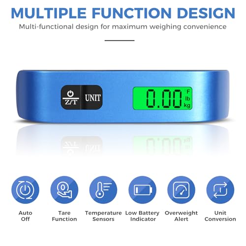 BAGAIL Digital Luggage Scale, 110lbs Hanging Baggage Scale with Backlit LCD Display, Portable Suitcase Weighing Scale, Travel Luggage Weight Scale with Hook, Strong Straps for Travelers - color: Blue