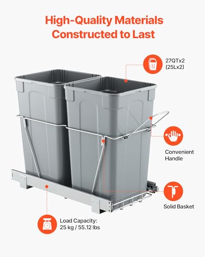 VEVOR Pullout Trash Can for Kitchen Cabinets, 27QTx2 Double Under Sink Garbage Waste Recycling Bin, Under Mount Waste Container, with Heavy Duty Metal Full Extension Sliding System and Handle Grey - size: 54QT(27QTx2)
