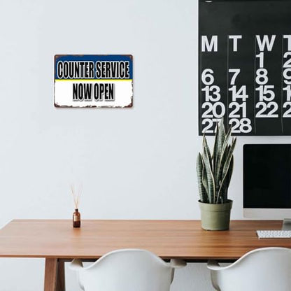 Funny Metal Sign Counter Service Now Open Aluminum Wall Decor 8x12 Inch for Living Room Bedroom Office Bar Café Restaurant and Garage