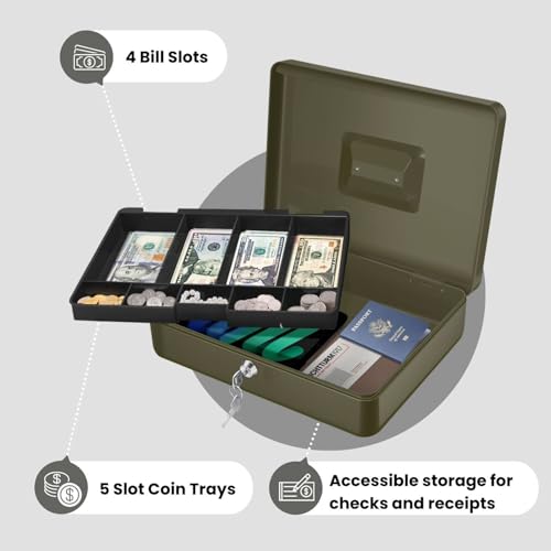 Flexzion Small Cash Box with Money Tray and Lock, 11.4-Inch, Green - color: Green